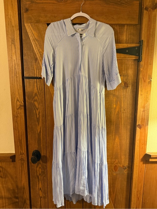 A Loves A Dresses & Skirts - Striped Blue Maxi Shirt Dress - Lightweight Tiered Casual Dress